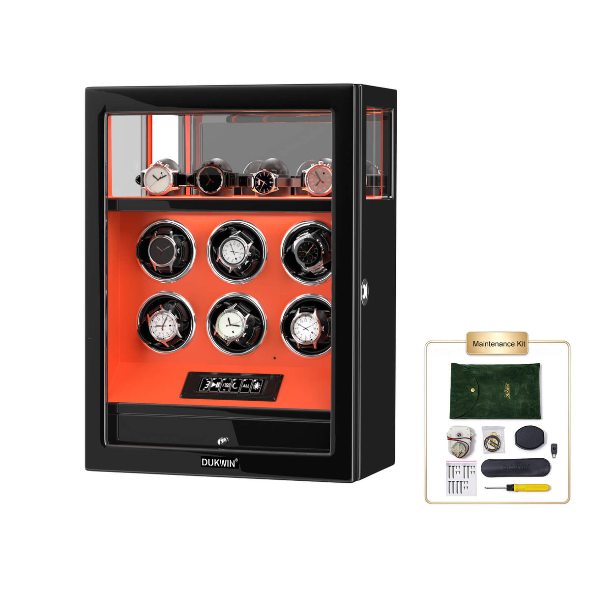 Verrouillage D'empreinte Digitale 6 Remontoirs De Montres Avec Télécommande LCD De Stockage De Montres Supplémentaires - Orange Flamme