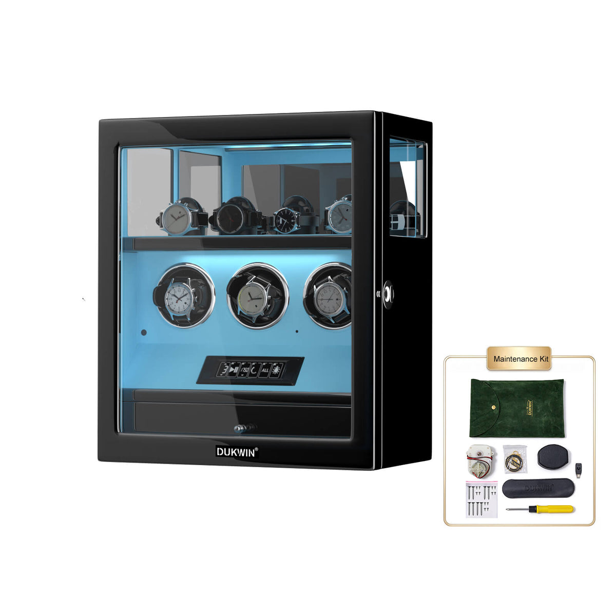 Remontoir à 3 montres avec verrouillage par empreinte digitale et télécommande LCD pour 4 montres supplémentaires - Bleu Tiffany