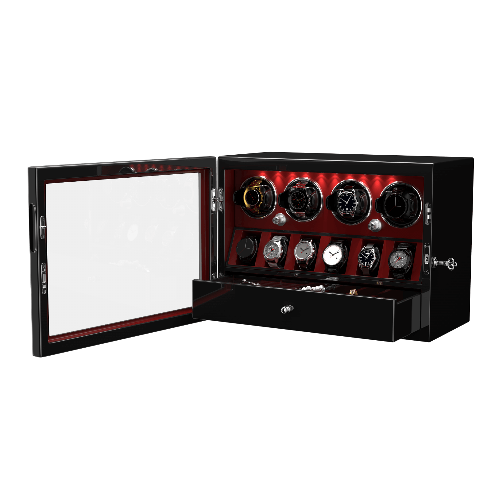 4 remontoirs de montres pour montres automatiques avec organisateur d'affichage de 6 montres - Rouge