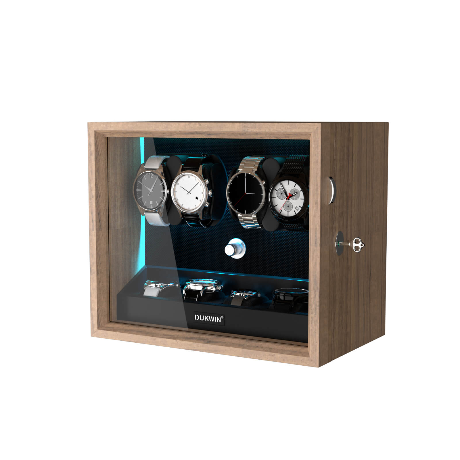 4 + 4 Watch Winder with Extra Storages Aurora Blue Light Quiet Motors - Grain