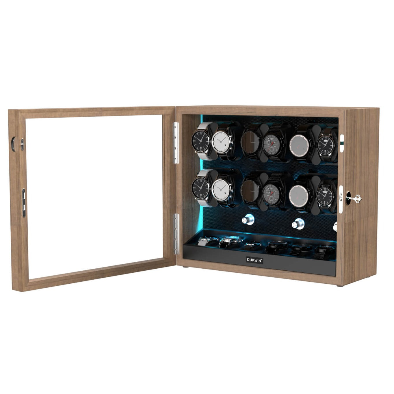 12 + 6 Watch Winder with Extra Storages Aurora Blue Light Quiet Motors - Grain