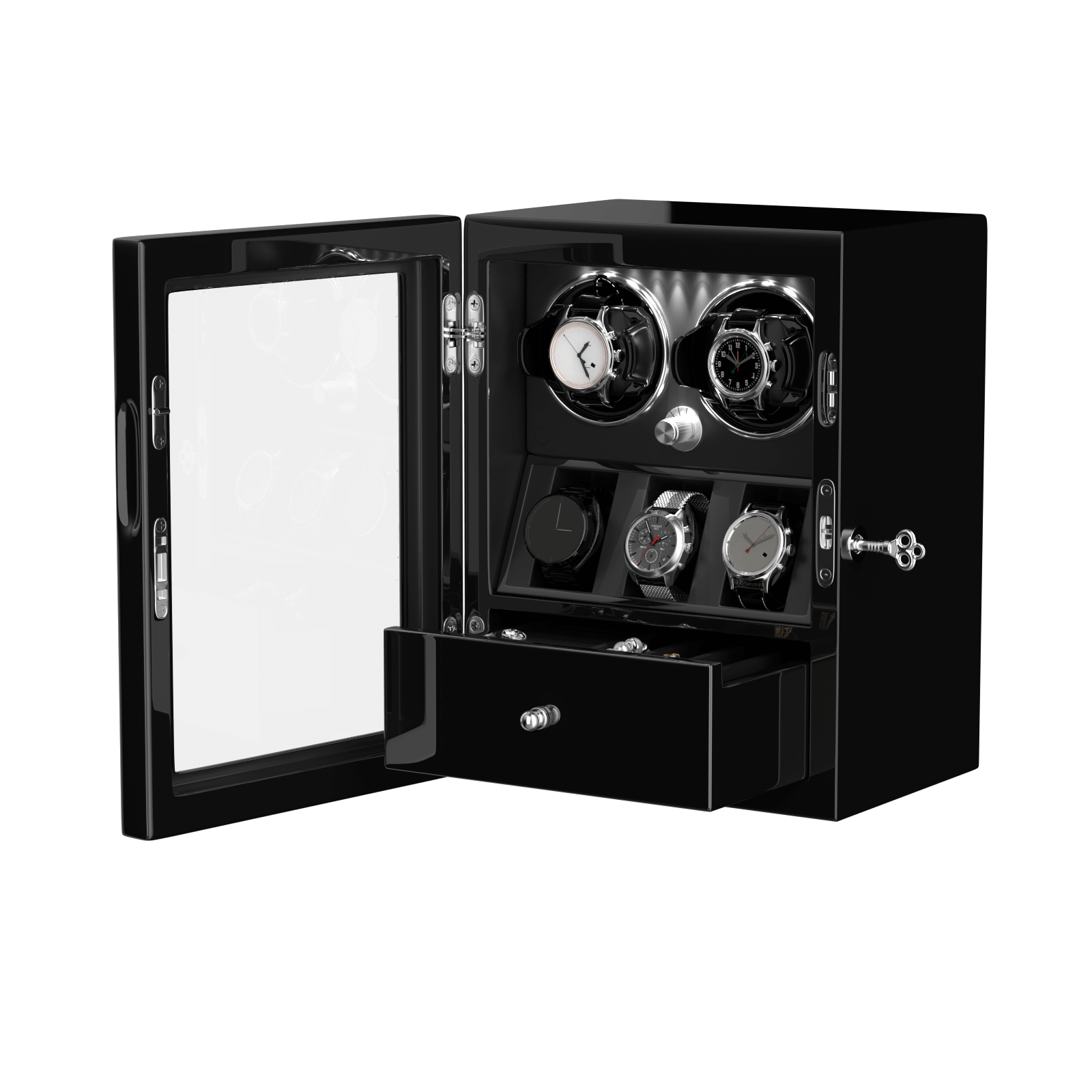 Classic 2 Watch Winders with 3 Watches Display Organizer - Black