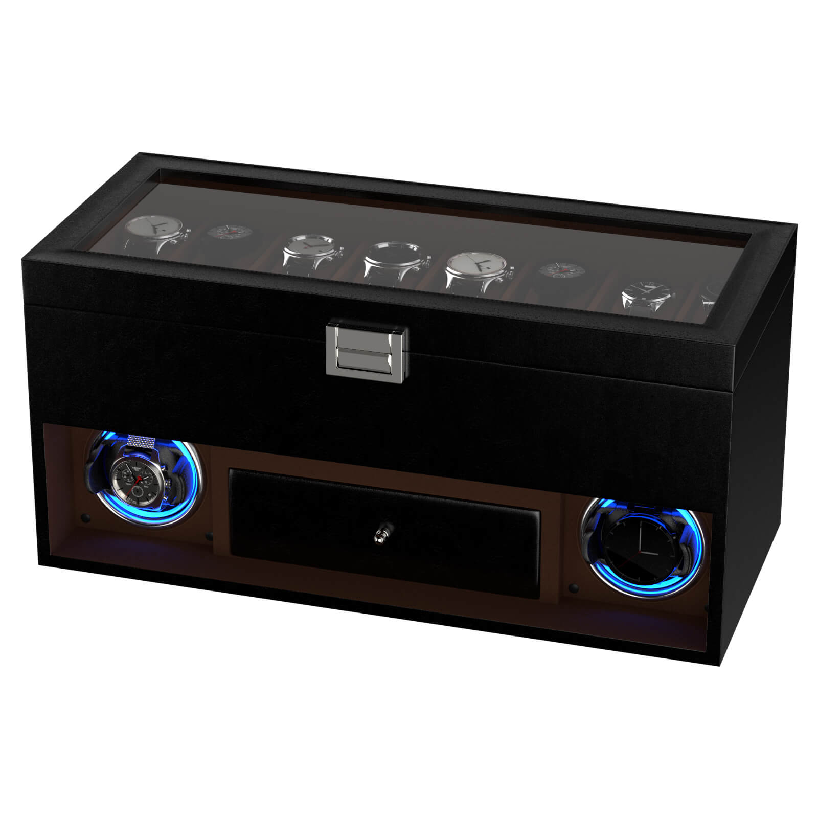 Luxury Radio-Style 2 Watch Winder with LED Light & 16-Slot Storage Box - Black