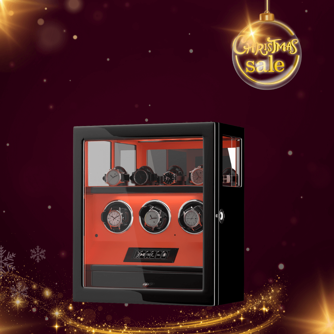 Fingerprint Lock 3 Watch Winders with Extra 4 Watches Storage LCD Remote Control - Flame Orange