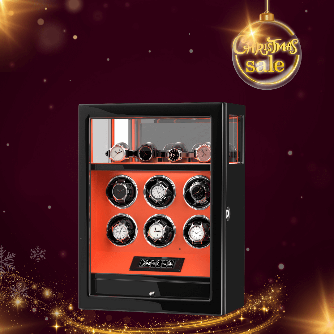Fingerprint Lock 6 Watch Winders with Extra Watches Storage LCD Remote Control - Flame Orange