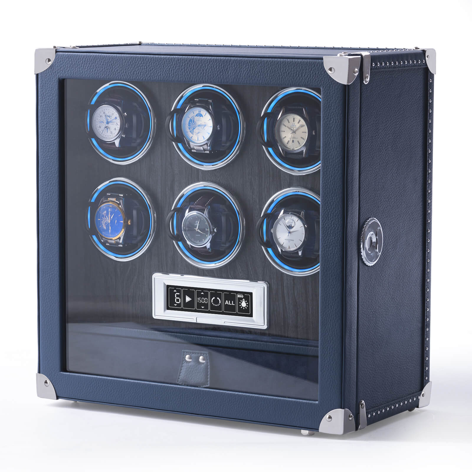 Pre-order Leather 6 Watch Winder with Drawer | Fingerprint Lock | Digital Display - Blue