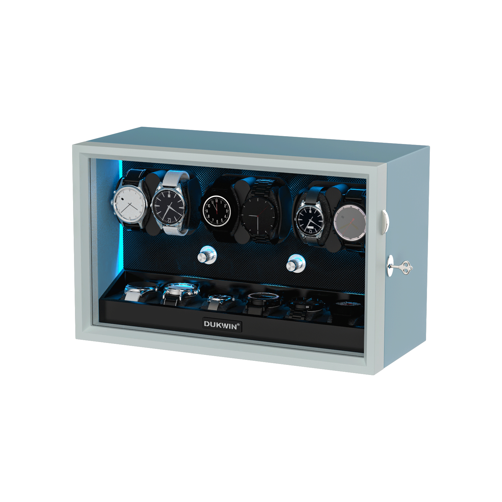 Remontoir 6 + 6 montres avec rangements supplémentaires Moteurs silencieux Aurora Blue Light - Noir