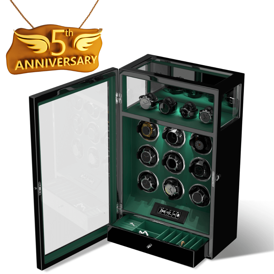 Verrouillage D'empreinte Digitale 9 Remontoirs De Montre Avec 4 Supports De Montre Stockage Télécommande LCD - Vert