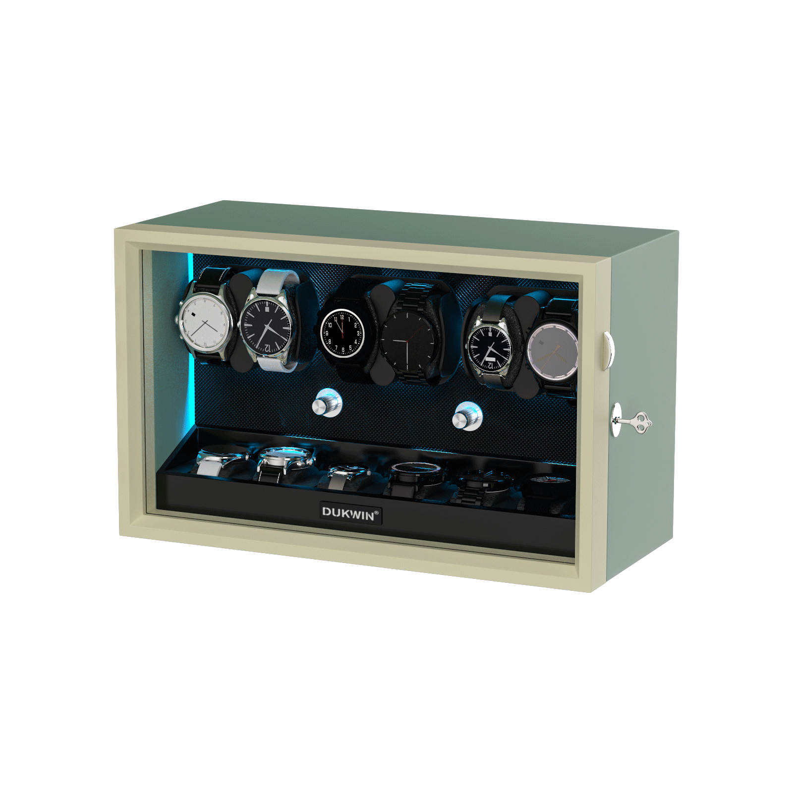Remontoir 6 + 6 montres avec rangements supplémentaires Moteurs silencieux Aurora Blue Light - Noir