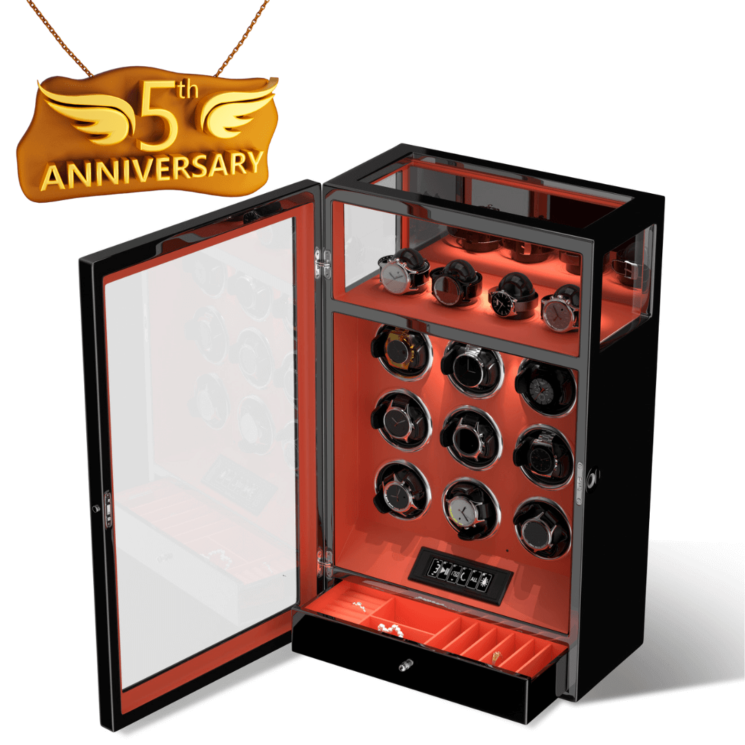 Conception brevetée 9 remontoirs de montres avec 4 supports de montre, verrouillage par empreinte digitale - Orange flamme
