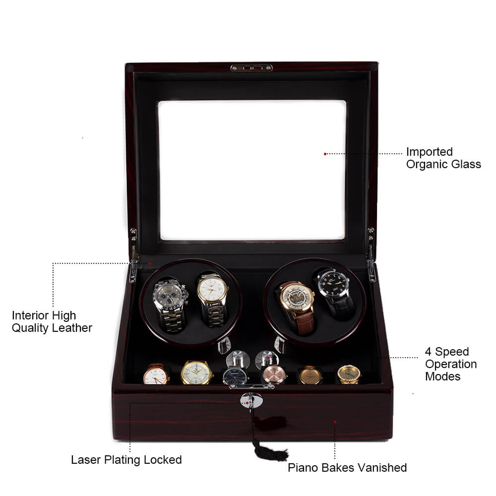 4 Watch Winder with 6 Storage Space with Quiet Mabuchi Motors - Ebony