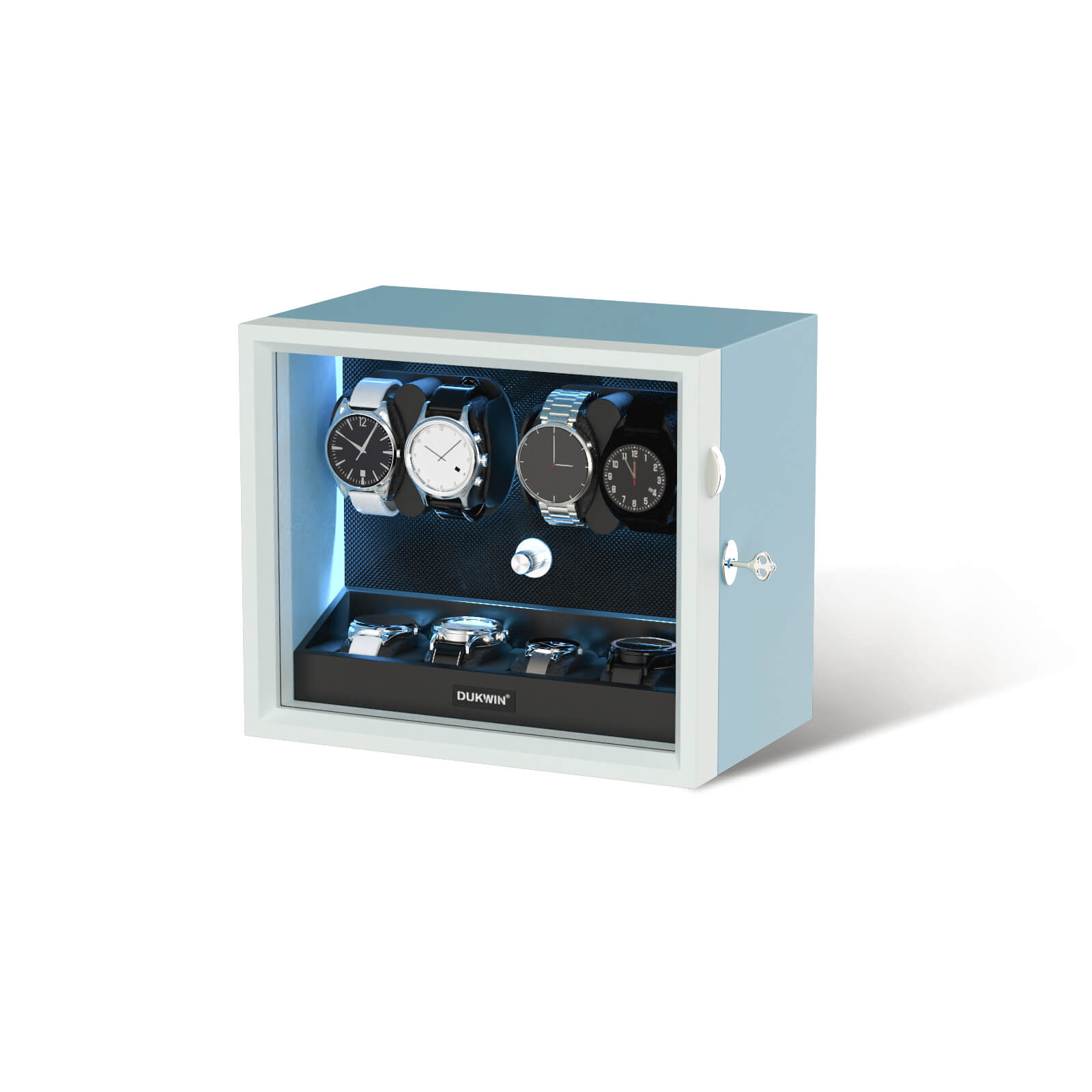 4 + 4 Watch Winder with Extra Storages Aurora Blue Light Quiet Motors - Silken Blue