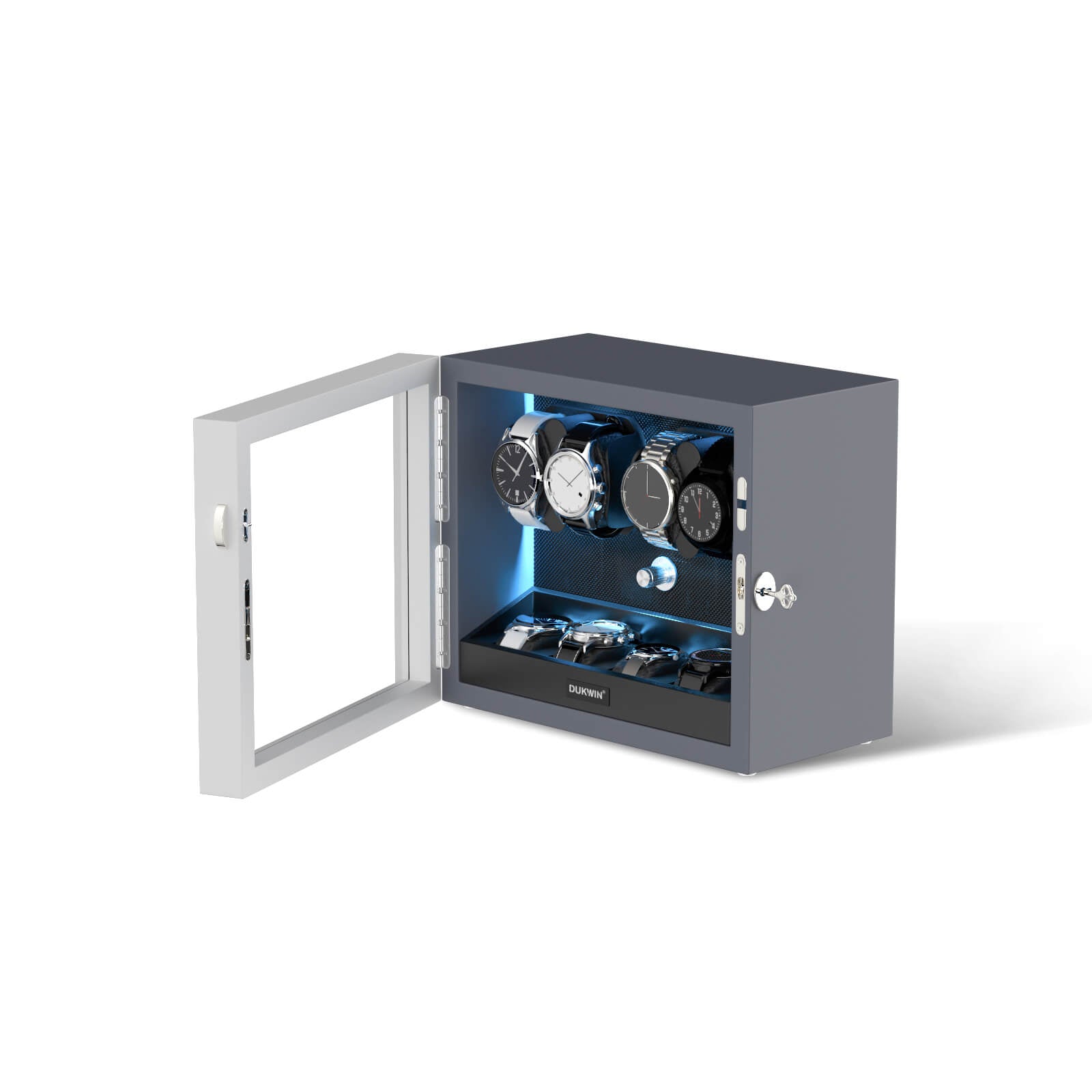 4 + 4 Watch Winder with Extra Storages Aurora Blue Light Quiet Motors - Silken Grey