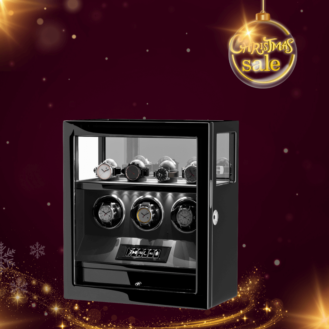 Fingerprint Lock 3 Watch Winders with Extra 4 Watches Storage LCD Remote Control - Black