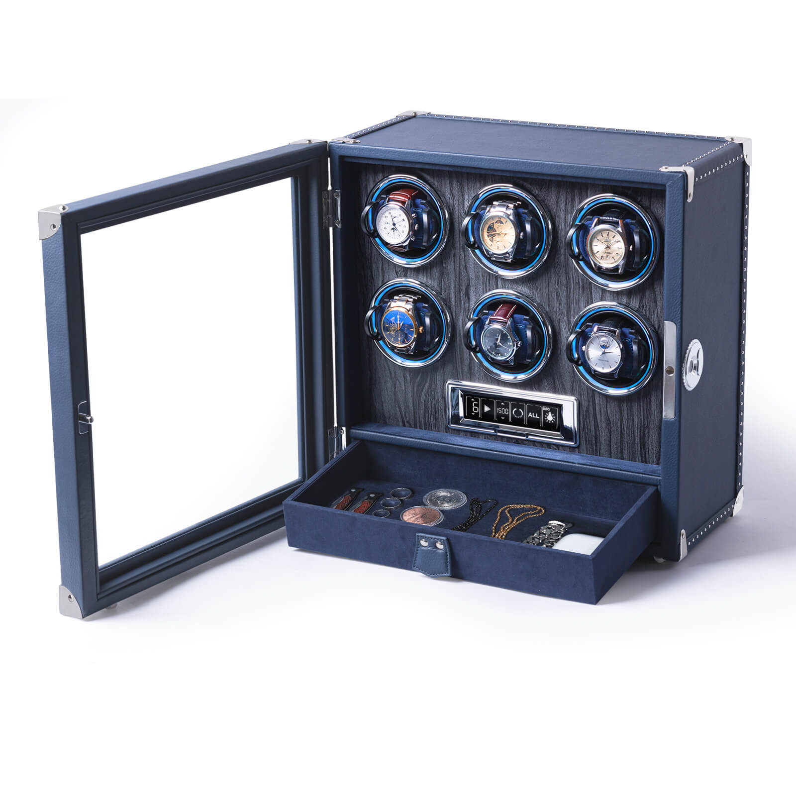 Pre-order Leather 6 Watch Winder with Drawer | Fingerprint Lock | Digital Display - Blue