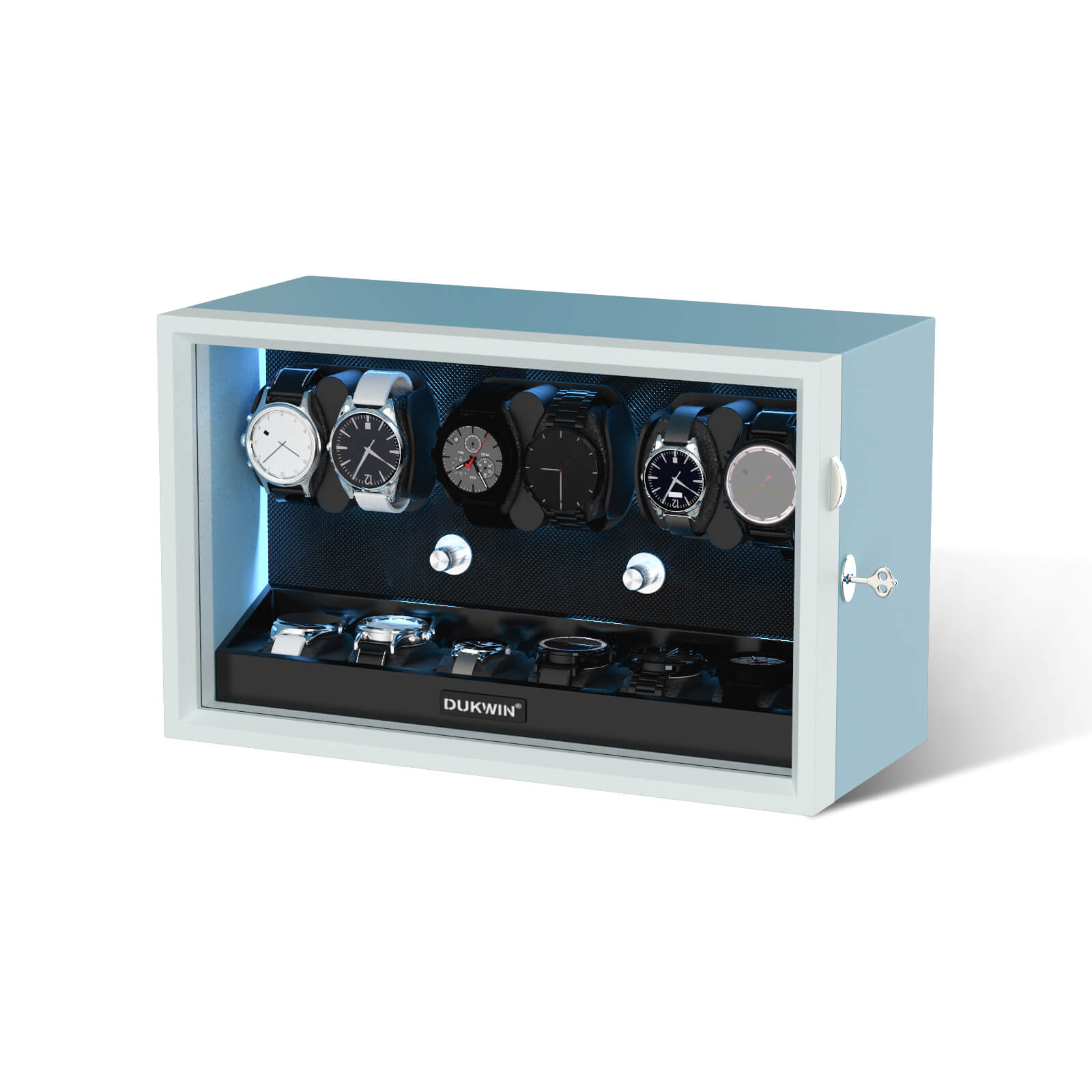 6 + 6 Watch Winder with Extra Storages Aurora Blue Light Quiet Motors - Silken Blue