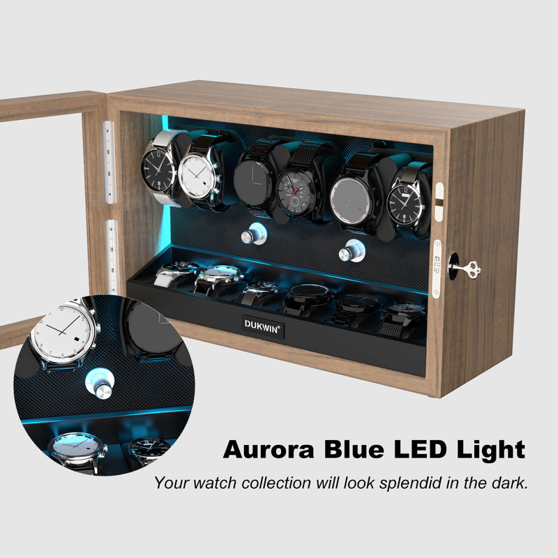 6 + 6 Watch Winder with Extra Storages Aurora Blue Light