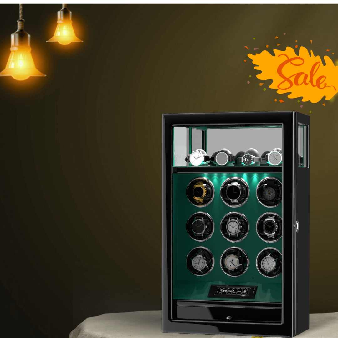 Verrouillage D'empreinte Digitale 9 Remontoirs De Montre Avec 4 Supports De Montre Stockage Télécommande LCD - Vert