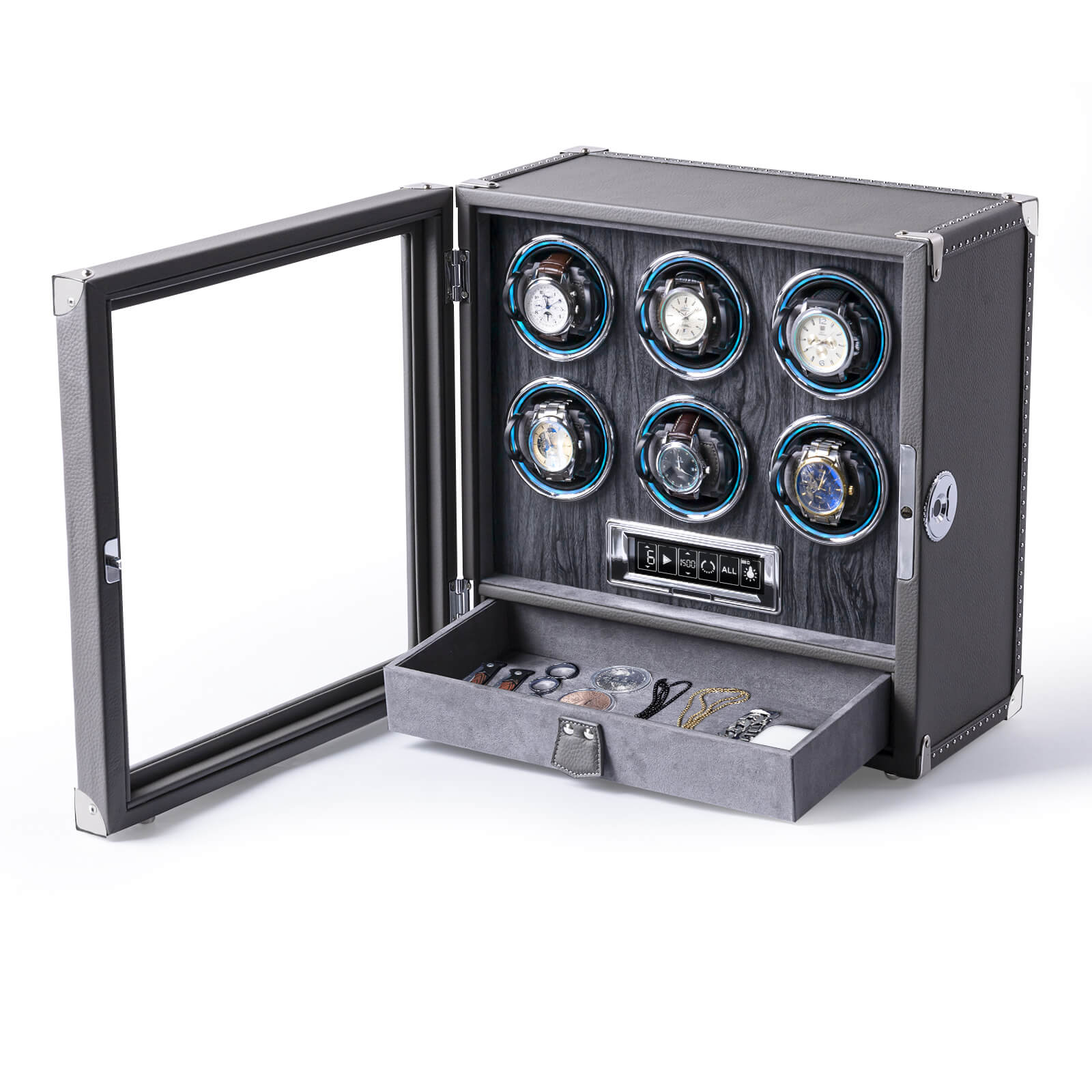 Pre-order Leather 6 Watch Winder with Drawer | Fingerprint Lock | Digital Display - Grey
