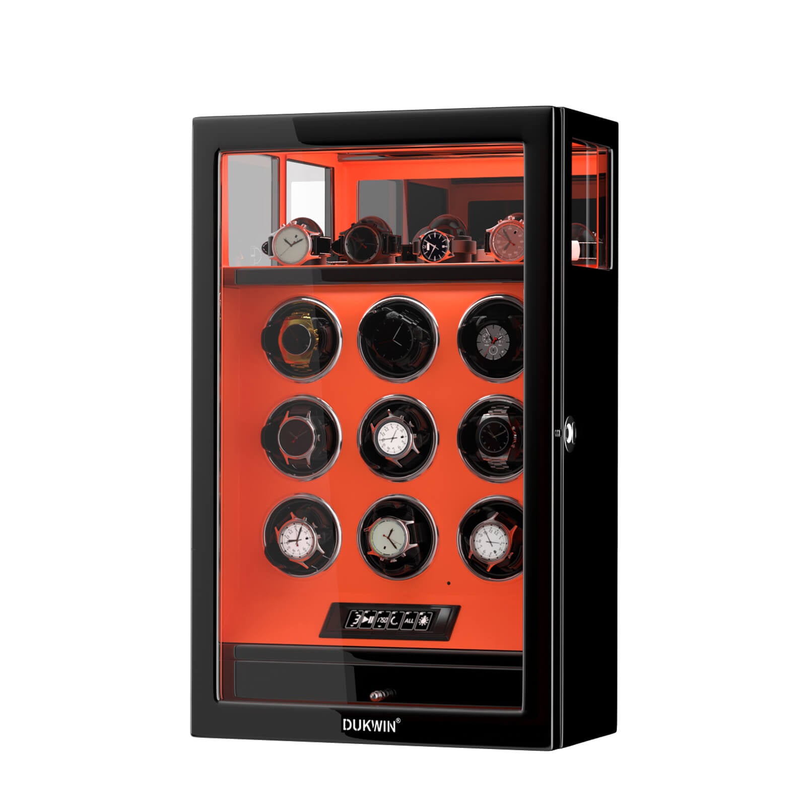 Remontoir à 9 montres avec verrouillage par empreinte digitale et rangement supplémentaire pour 4 montres, télécommande LCD - Orange flamme