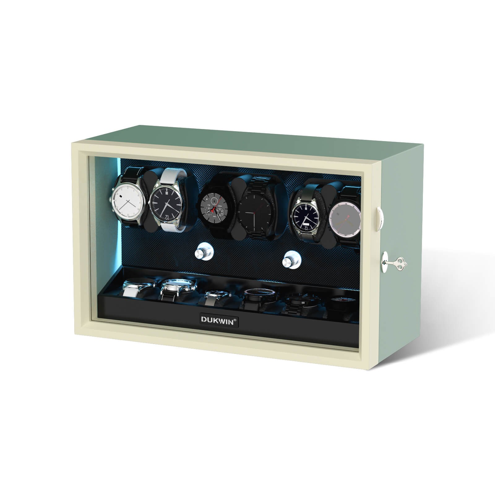 6 + 6 Watch Winder with Extra Storages Aurora Blue Light Quiet Motors - Silken Green
