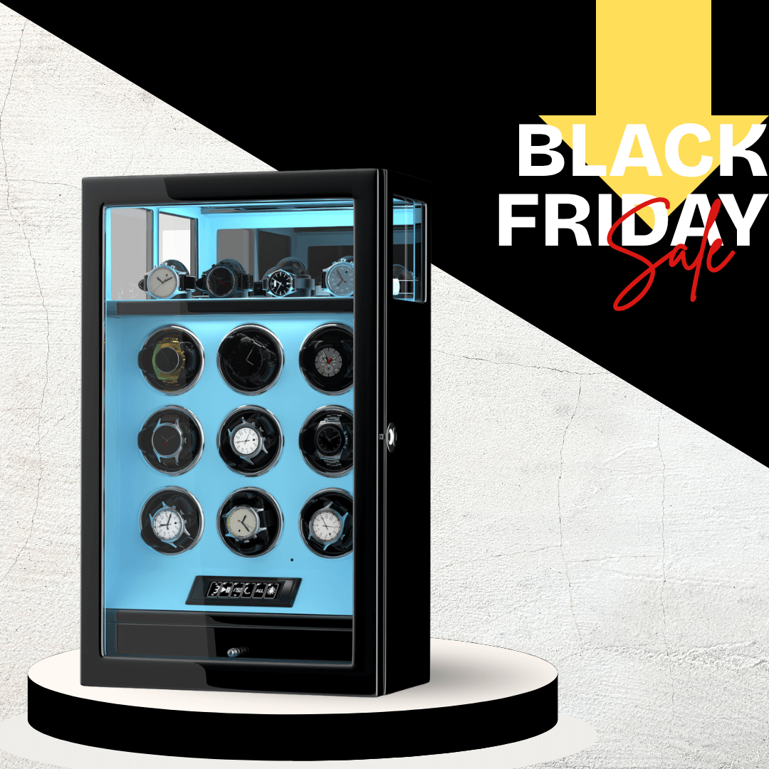 Remontoir à 9 montres avec verrouillage par empreinte digitale et rangement supplémentaire pour 4 montres, télécommande LCD - Bleu Tiffany