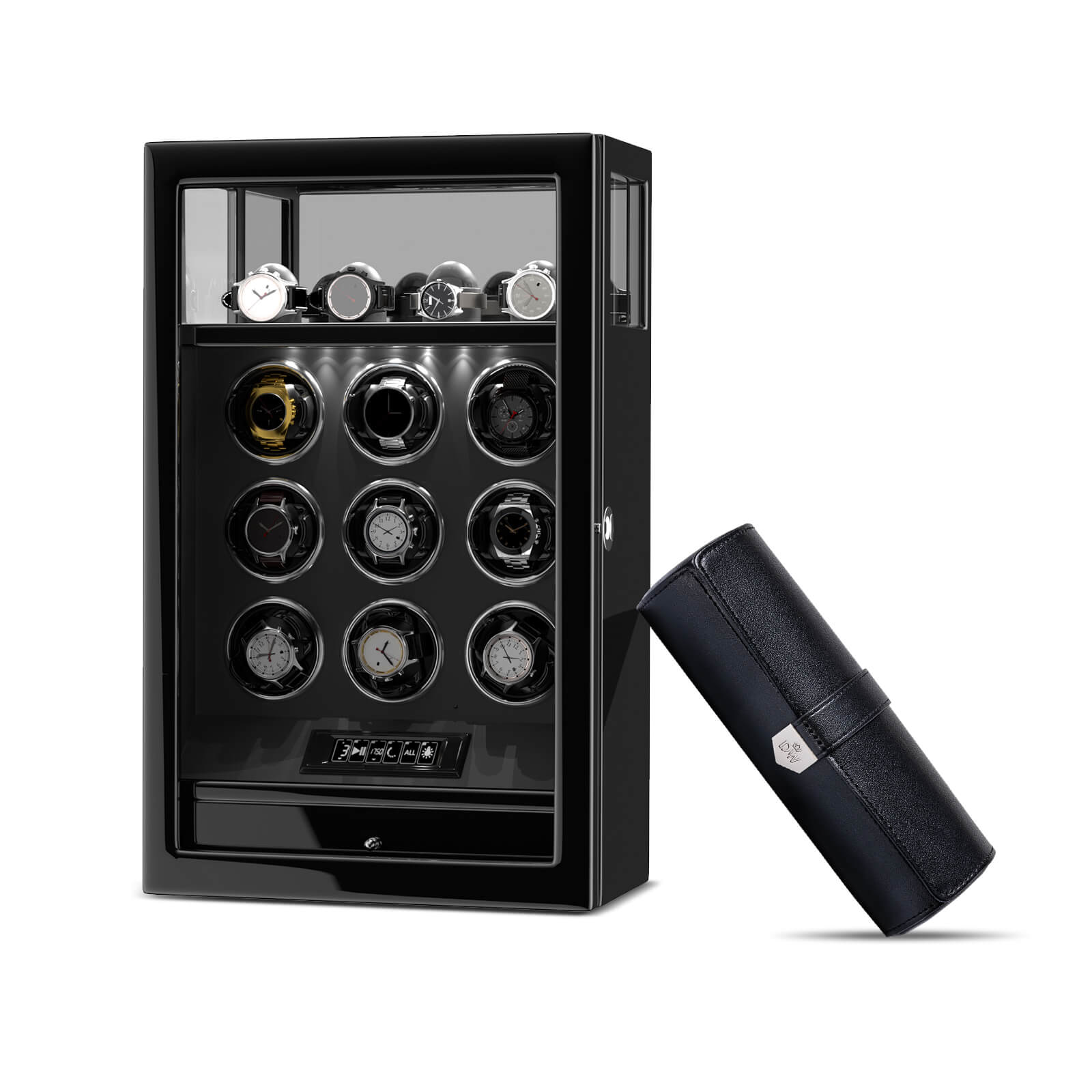Gift Set: Fingerprint 9 Watch Winder + Vegan Leather Triple Wacth Roll