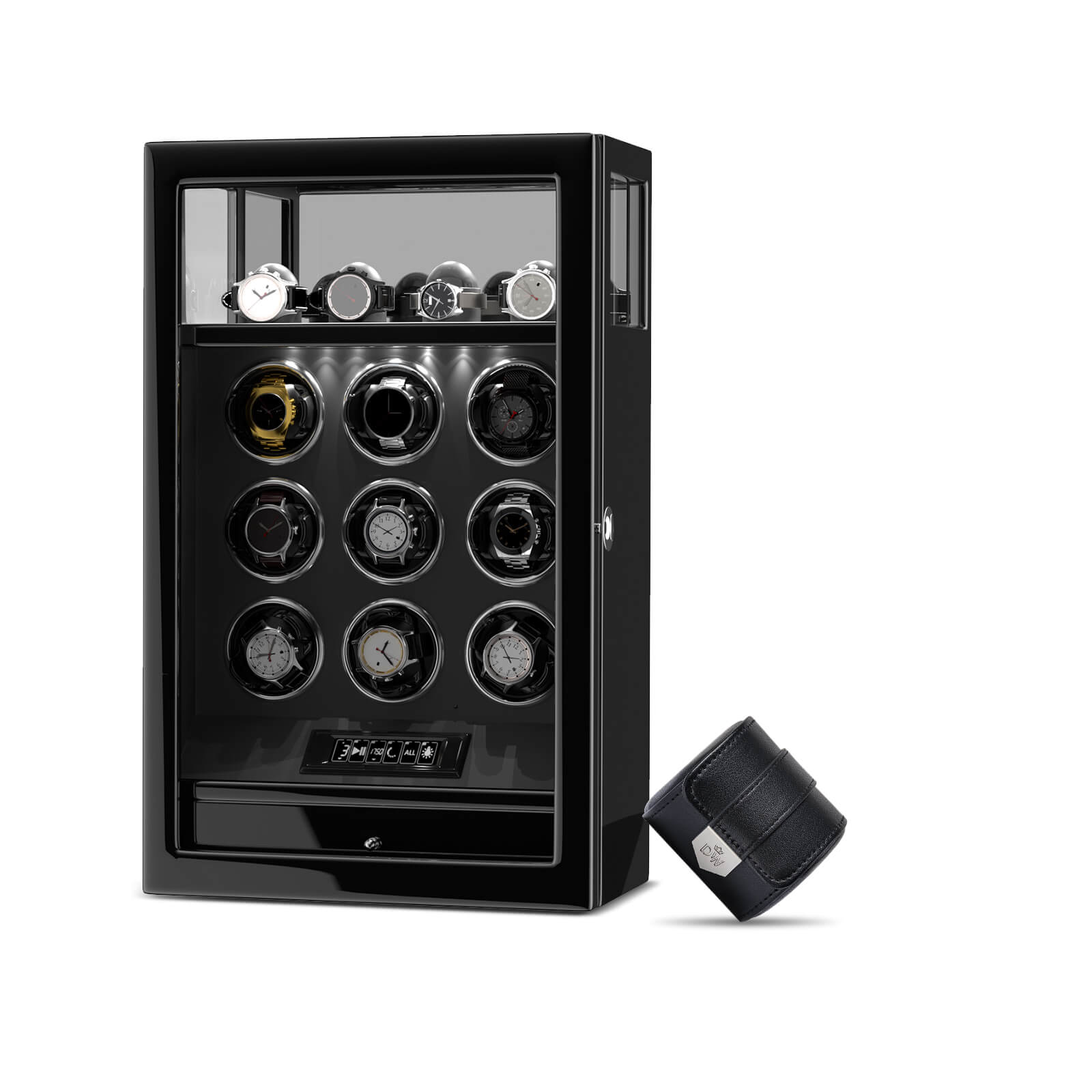 Gift Set: Fingerprint 9 Watch Winder + Vegan Leather Single Wacth Roll