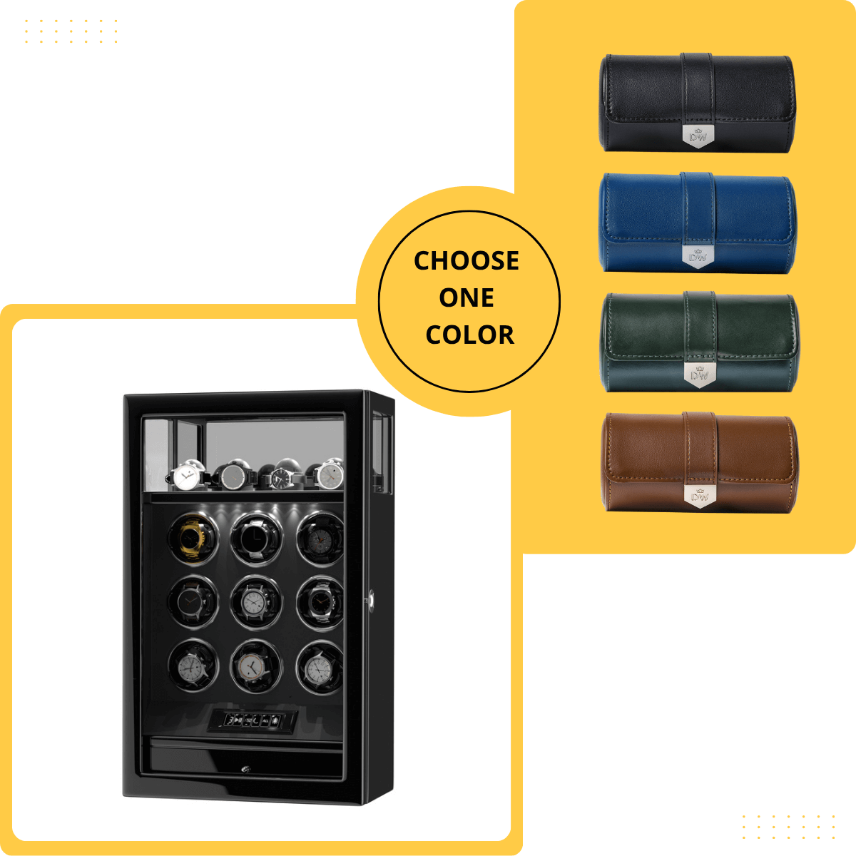 Gift Set: Fingerprint 9 Watch Winder + Vegan Leather Double Wacth Roll