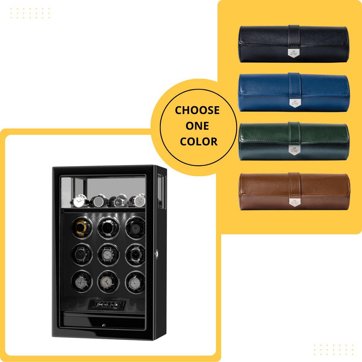 Gift Set: Fingerprint 9 Watch Winder + Vegan Leather Triple Wacth Roll