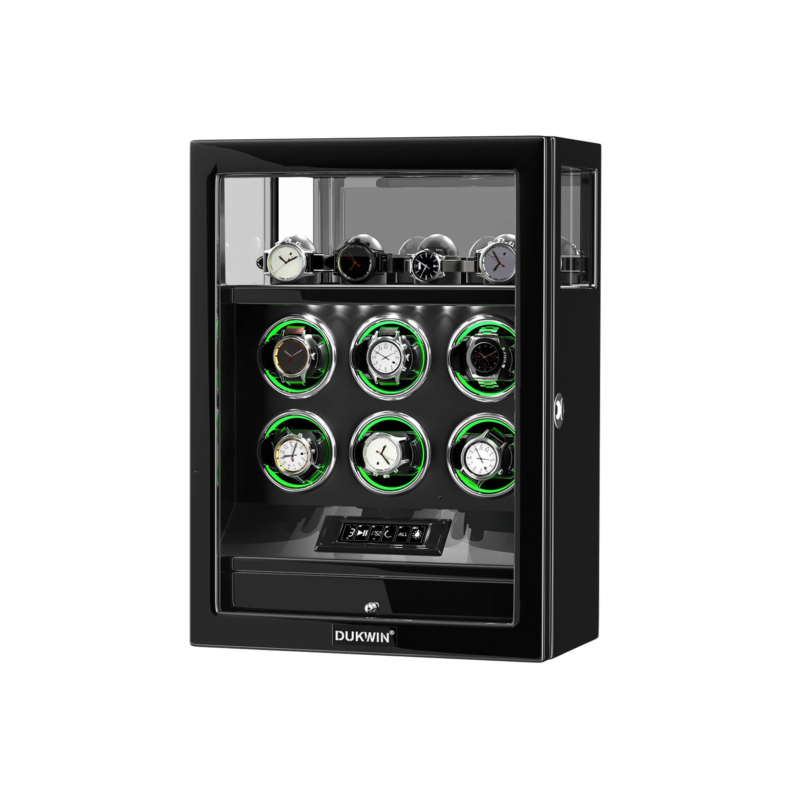 Verrouillage D'empreintes Digitales 6 Remontoirs De Montres Avec Télécommande LCD De Stockage De Montres Supplémentaires - Noir
