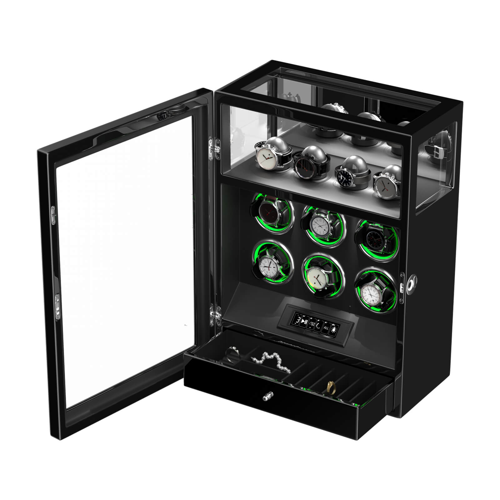 Verrouillage D'empreintes Digitales 6 Remontoirs De Montres Avec Télécommande LCD De Stockage De Montres Supplémentaires - Noir