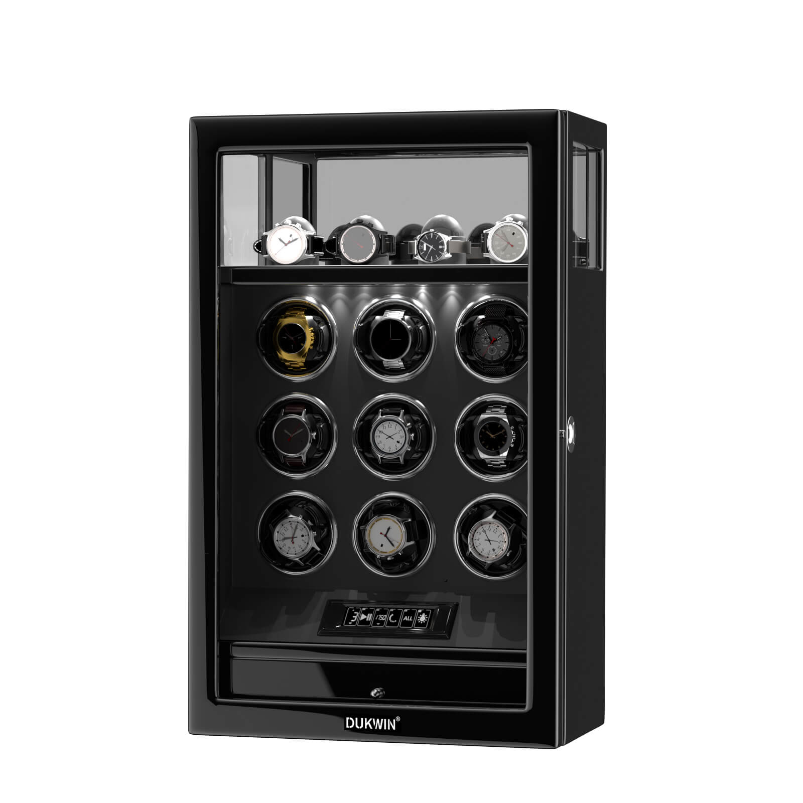 Remontoir 9 montres avec rangement supplémentaire pour 4 montres, écran LCD, télécommande, verrouillage par empreinte digitale - Noir