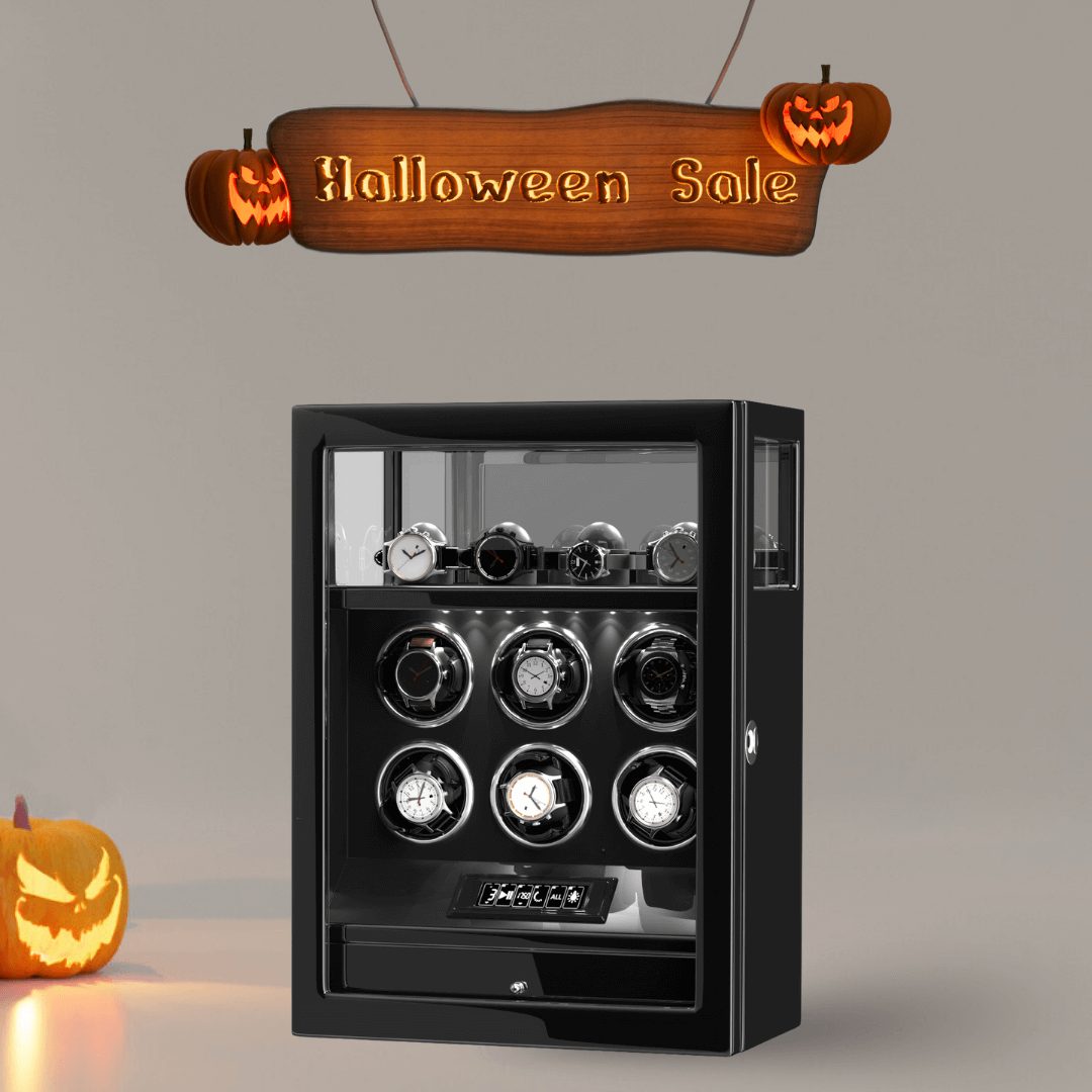 Fingerprint Lock 6 Watch Winders with Extra Watches Storage LCD Remote Control - Black