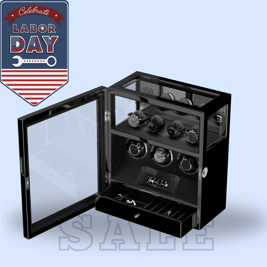 Fingerprint Lock 3 Watch Winders with Extra 4 Watches Storage LCD Remote Control - Black