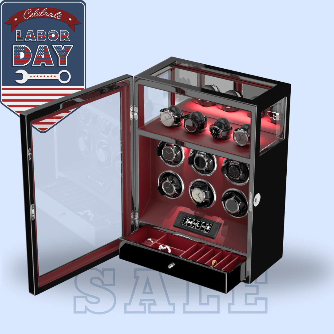 Fingerprint Lock 6 Watch Winders with Extra Watches Storage LCD Remote Control - Red