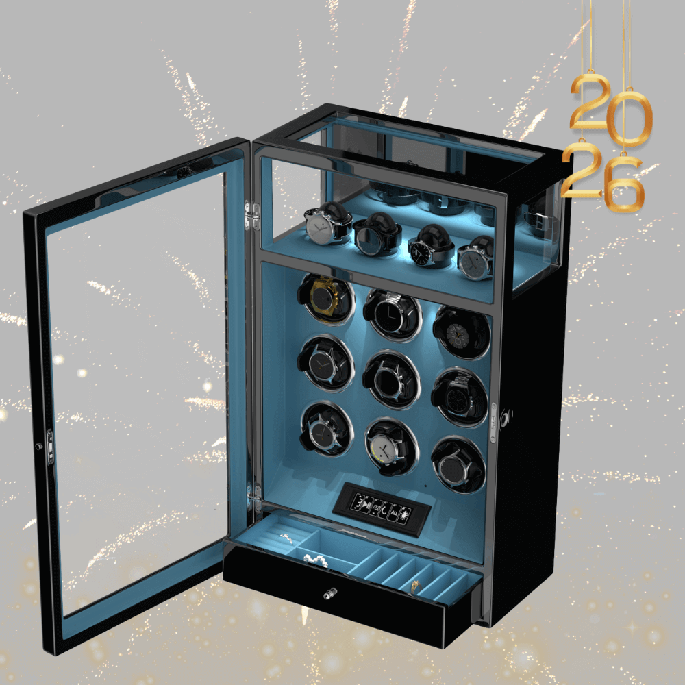 Remontoir à 9 montres avec verrouillage par empreinte digitale et rangement supplémentaire pour 4 montres, télécommande LCD - Bleu Tiffany