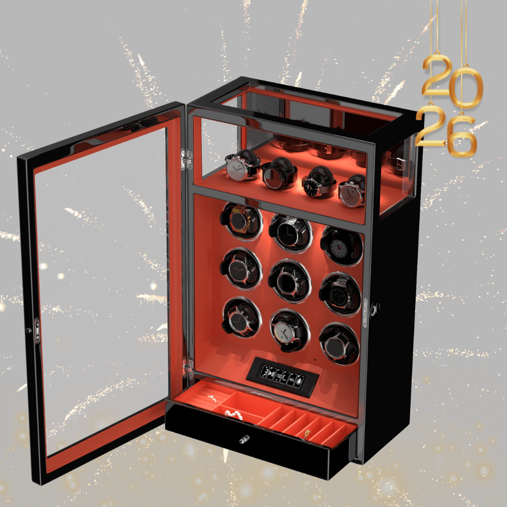 Remontoir à 9 montres avec verrouillage par empreinte digitale et rangement supplémentaire pour 4 montres, télécommande LCD - Orange flamme