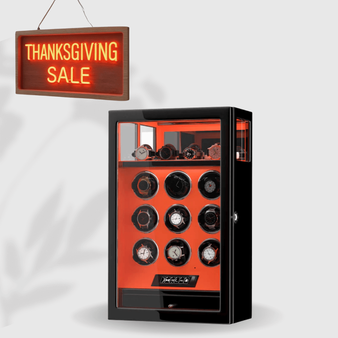 Remontoir à 9 montres avec verrouillage par empreinte digitale et rangement supplémentaire pour 4 montres, télécommande LCD - Orange flamme