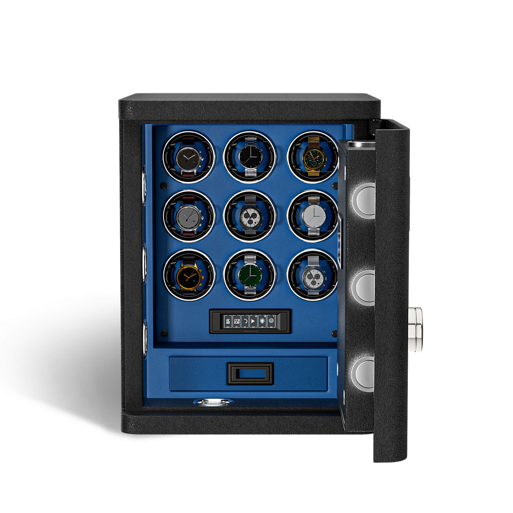 Heavy Full-Steel 9 Watch Safe – Fingerprint Access, Digital Keypad Lock & RGB Illumination - Blue