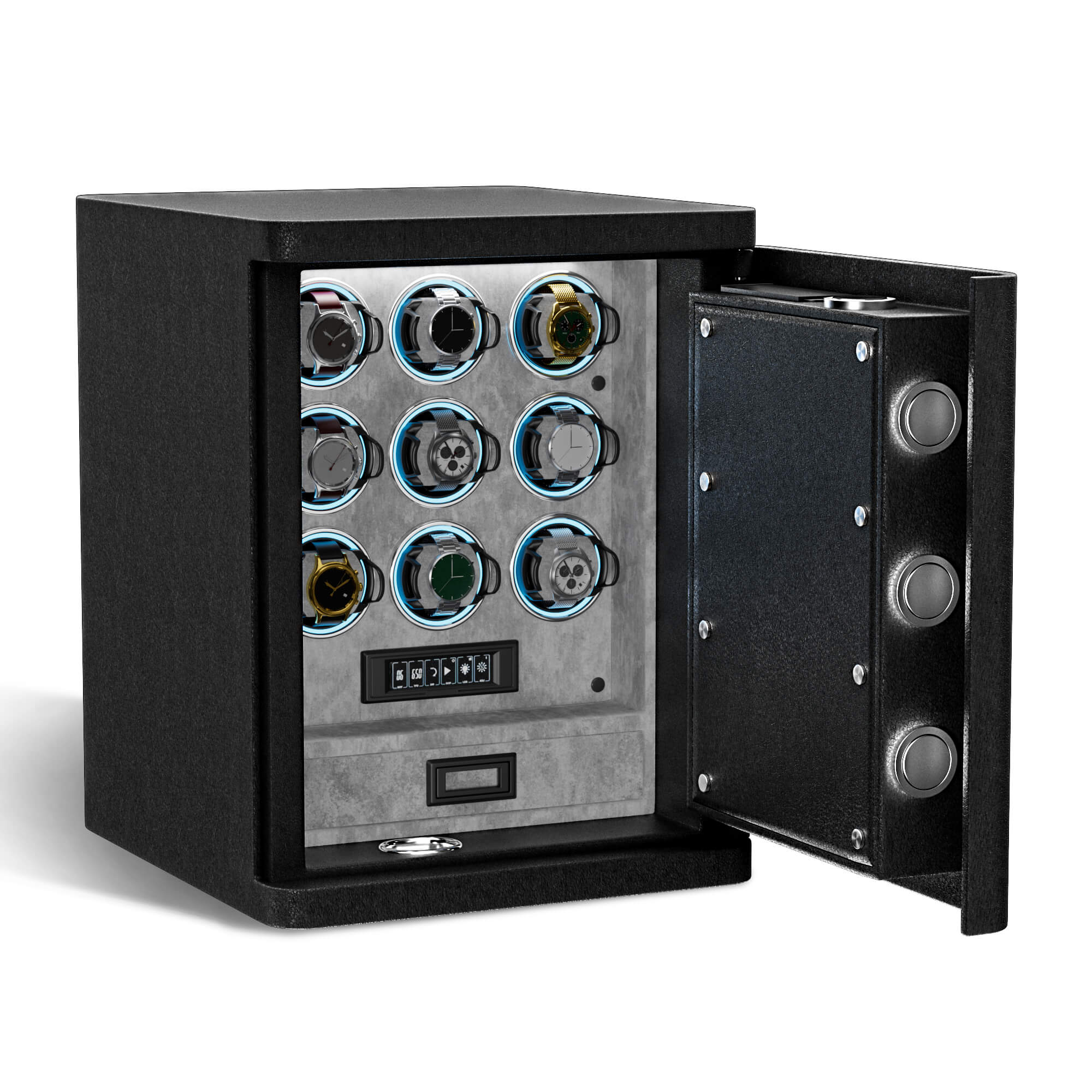 Heavy Full-Steel 9 Watch Safe – Fingerprint Access, Digital Keypad Lock & RGB Illumination - Gray