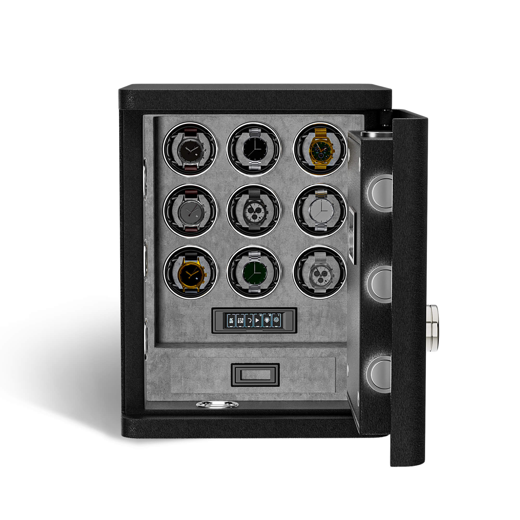 Heavy Full-Steel 9 Watch Safe – Fingerprint Access, Digital Keypad Lock & RGB Illumination - Gray