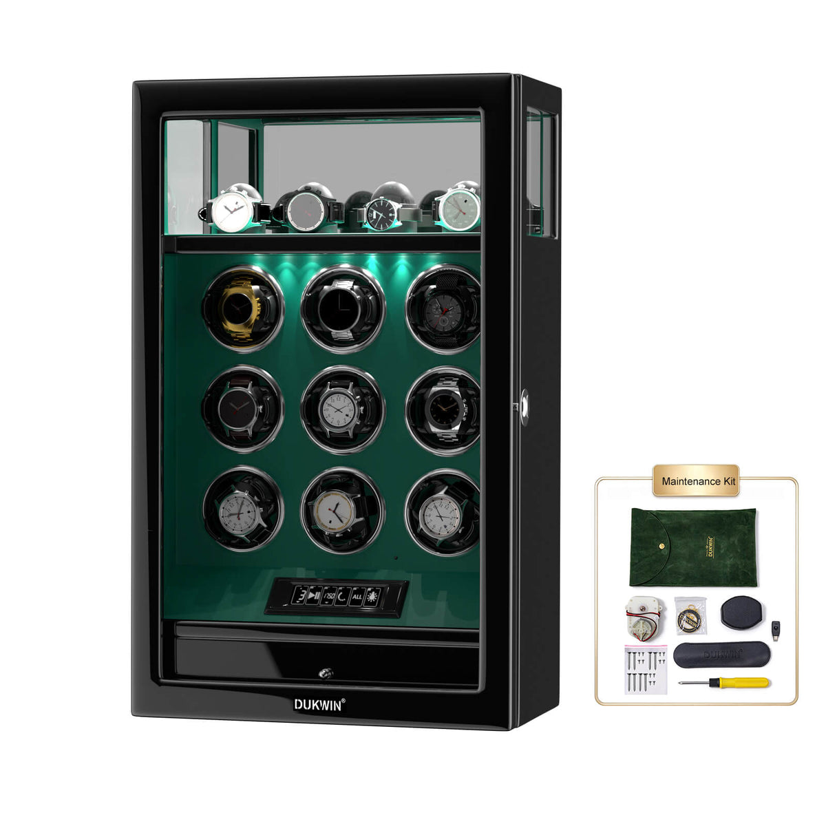 Fingerprint Lock 9 Watch Winders with 4 Watch Holders Storage LCD Remote Control - Green