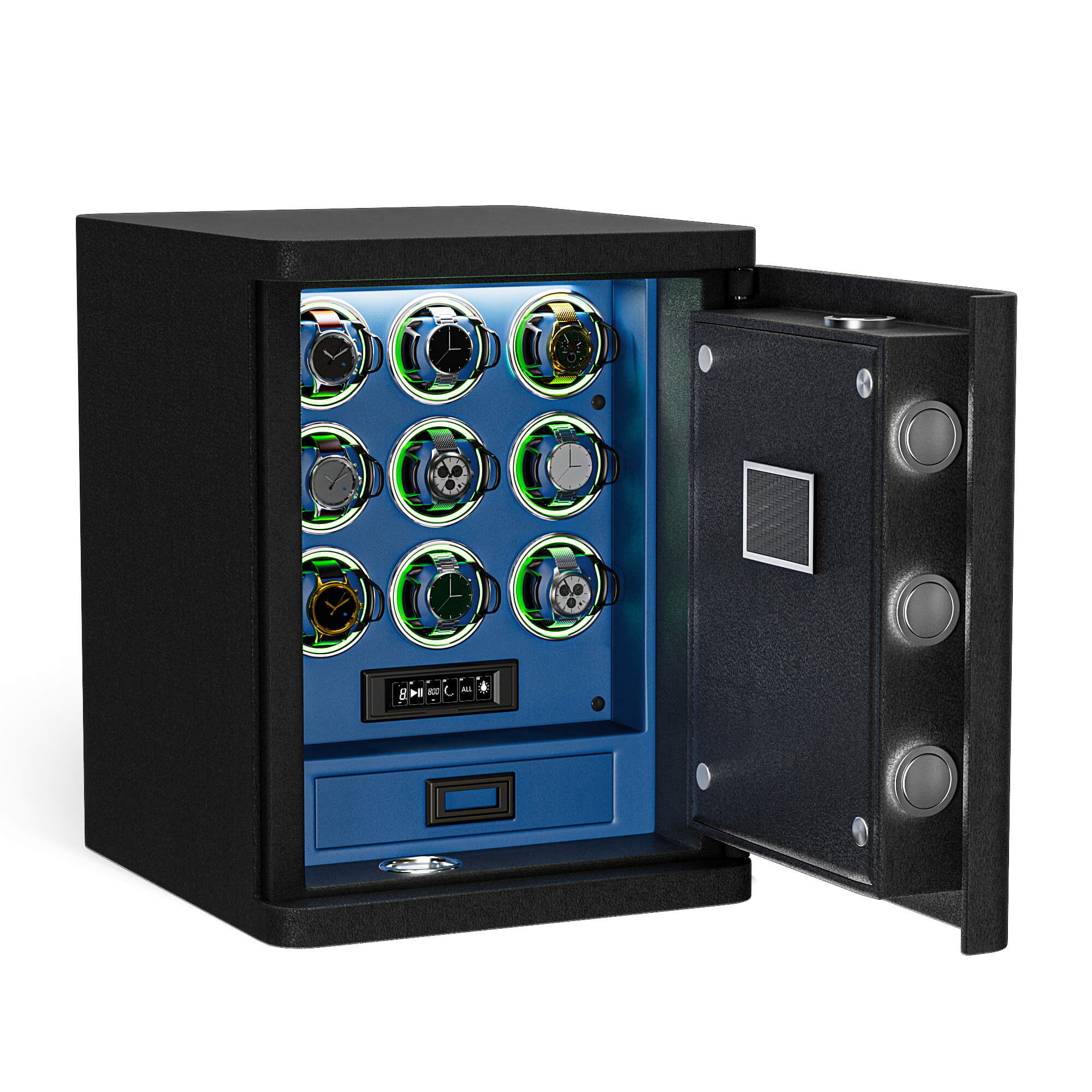 Heavy Full-Steel 9 Watch Safe – Fingerprint Access, Digital Keypad Lock & RGB Illumination - Blue