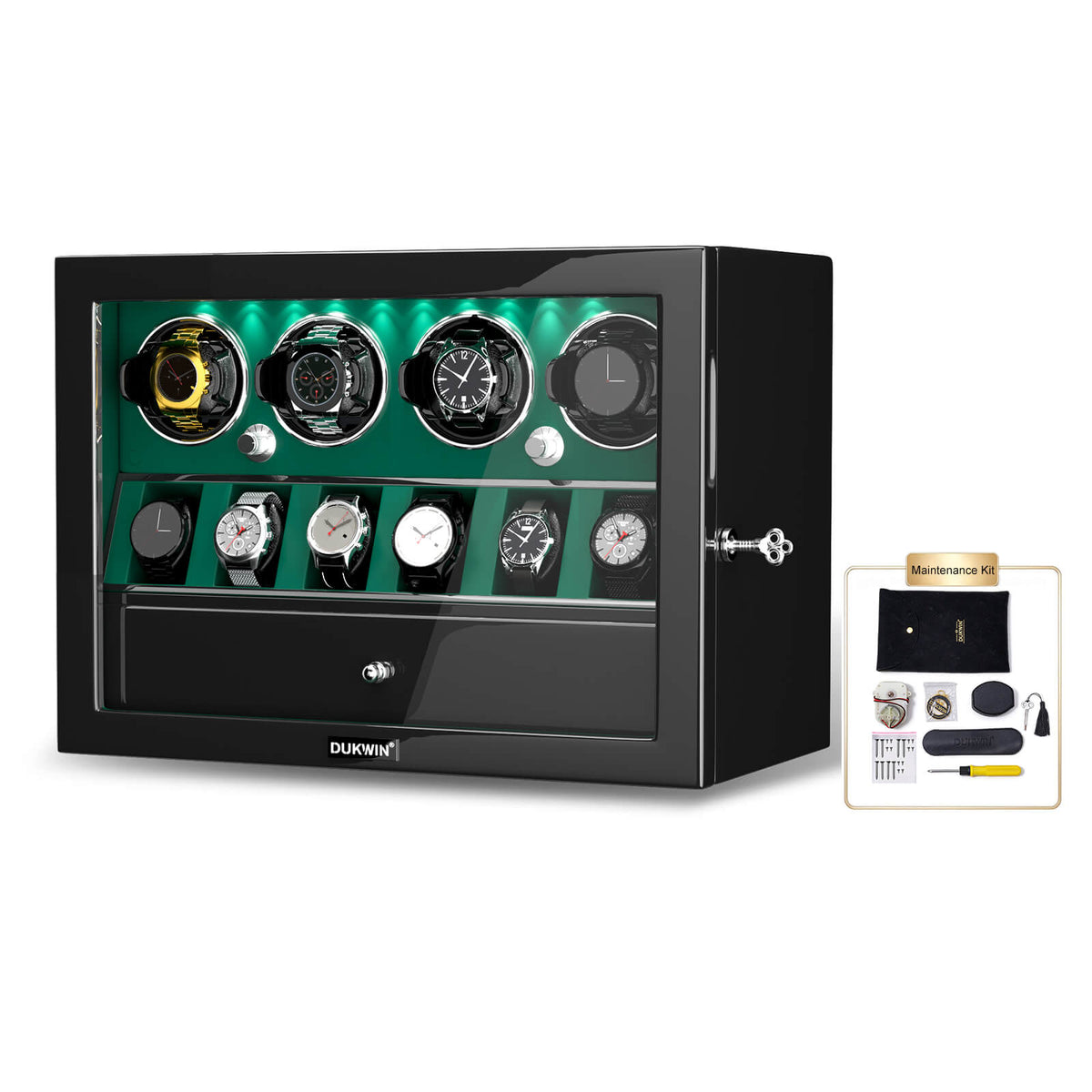 4 Watch Winders for Automatic Watches with 6 Watches Display Organizer - Green