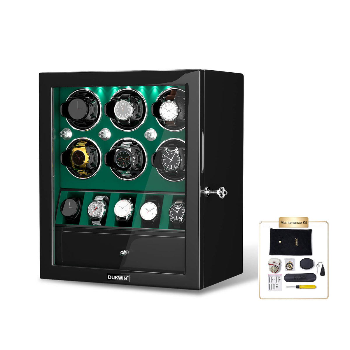 Classic 6 Watch Winders for Automatic Watches with 5 Watches Display Organizer - Green