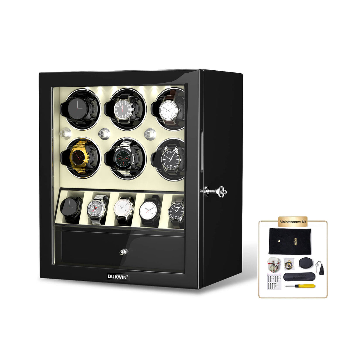 Remontoirs de montres classiques pour 6 montres automatiques avec organisateur d'affichage de 5 montres - Blanc cassé