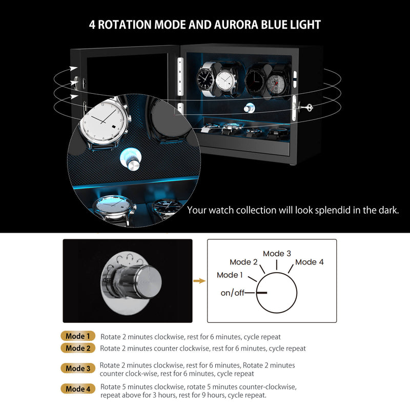 Uhrenbeweger für 4 + 4 Uhren mit zusätzlichem Stauraum, Aurora-Blaulicht, leise Motoren – Schwarz