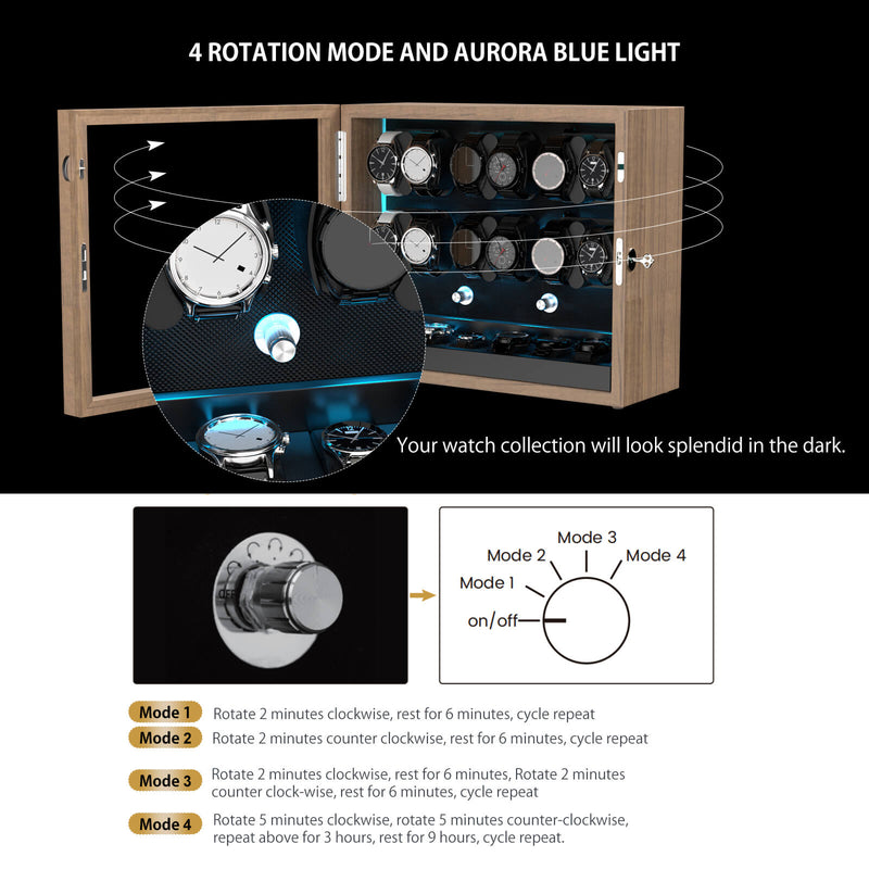 Automatische Uhrenbeweger mit mehreren Steckplätzen, aurorablauer Hintergrundbeleuchtung und Schaumstoffpolster